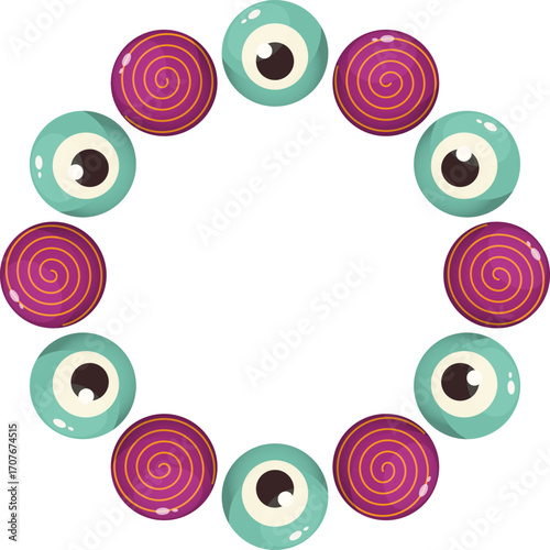 Halloween Candy Eyeball Circle Frame. Spooky eye border design. Creepy sweet treat illustration