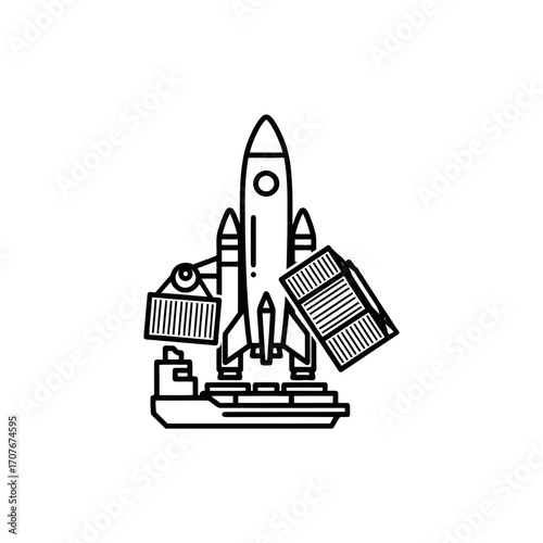 Space economy vector illustration rocket ship launching from cargo ship with containers scalable icon vector