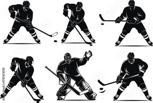 Ice Hockey Players Vector Set, Skaters and Goalie, Hockey Sticks, Protective Gear, Puck Handling, Action Shots, Sports Silhouettes
