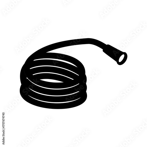 Coiled black flexible tube with a nozzle for dispensing liquid product