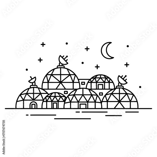 Vector illustration of futuristic space colony domes under a crescent moon and stars vector