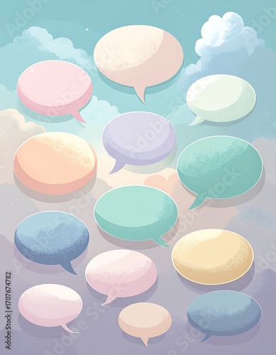 Pastel-colored speech bubbles on sky background