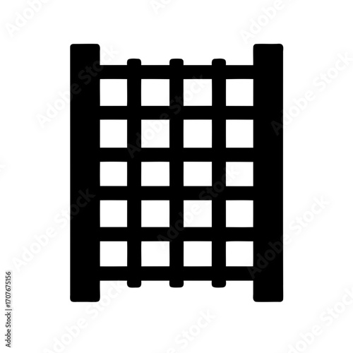 A simple black silhouette of a barred gate structure against white backdrop
