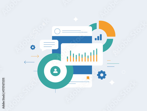 Social media analytics dashboard with graphs, user profile and engagement metrics. SMM performance insights, audience tracking and marketing data visualization for business intelligence illustration