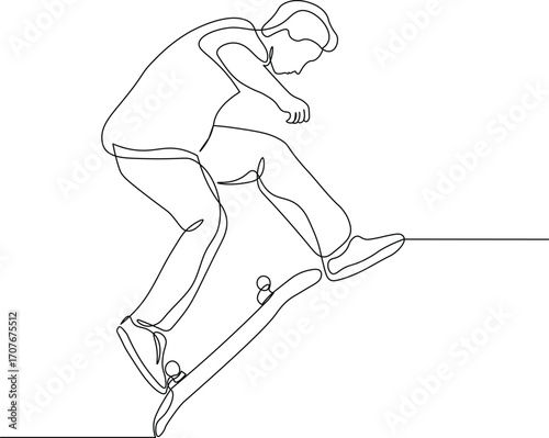 Continuous Line Drawing of Skater Performing Tricks at Skate Park