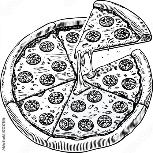 Pepperoni pizza slice with melted cheese being pulled away from the whole pizza with crust