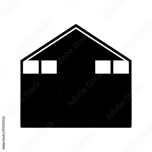 Black and white silhouette of a house with an attic and windows