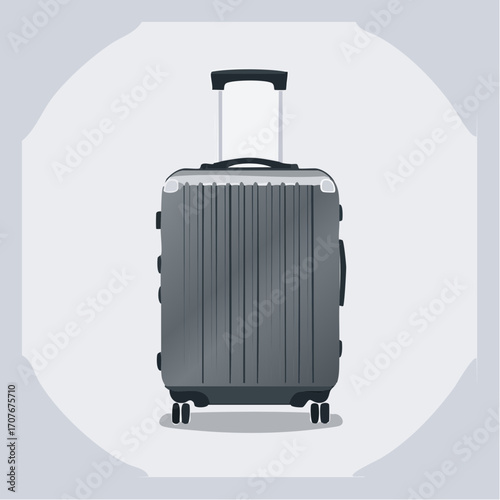 A gray, hard-shell rolling suitcase shown from the front