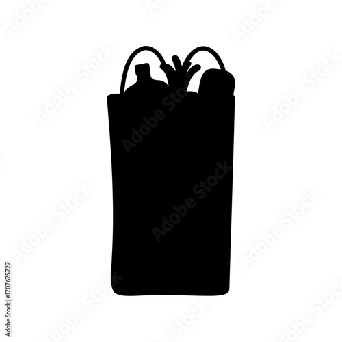 Silhouette of a reusable grocery bag filled with food items after shopping