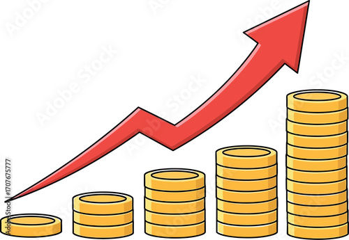 Golden coins stacked in increasing height with a rising red arrow symbolizing financial growth and success.