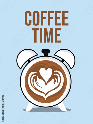An illustration of an alarm clock face filled with coffee art in the shape of a heart and the text "Coffee Time" above it.