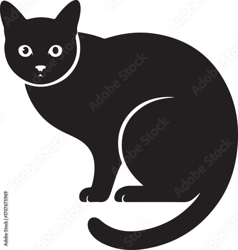 Stylized black cat silhouette sitting alertly simple graphic design element feline pet icon