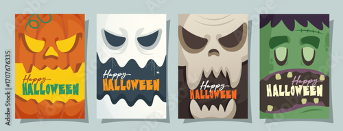 Happy Halloween Vector Greeting Card with Cute Cartoon Characters