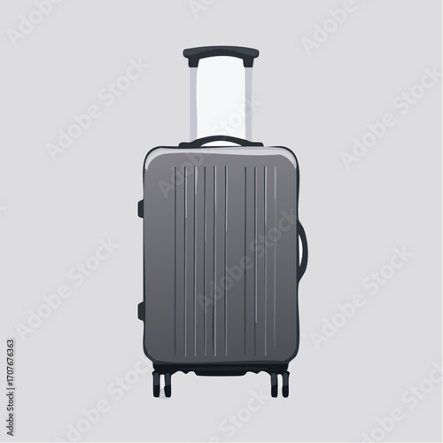 A gray, hard-shell rolling suitcase shown from the front