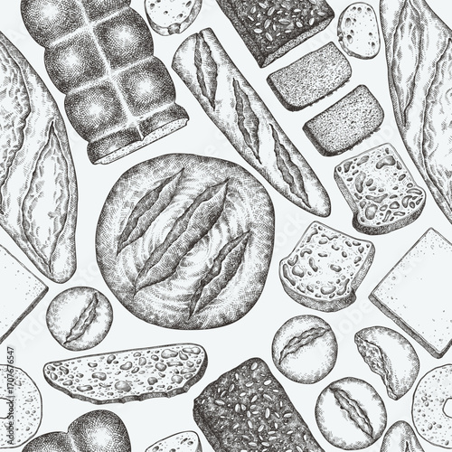 Hand Drawn Vector Bakery Seamless Pattern. Not AI Generated. Retro Bread Kinds Background. Old School Baking Products Illustration
