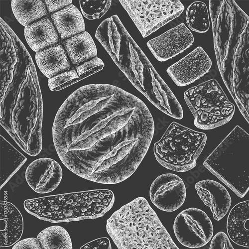 Hand Drawn Vector Bakery Seamless Pattern. Not AI Generated. Retro Chalk Board Bread Kinds Background. Old School Baking Products Illustration