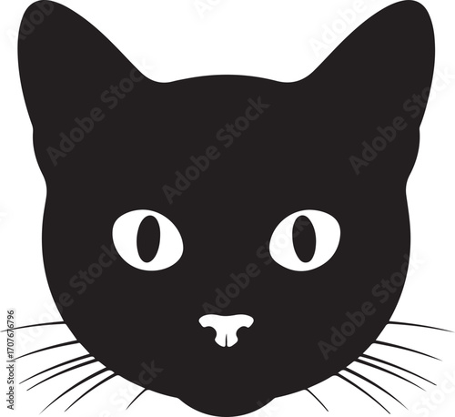 Simple black cat face silhouette with white eyes and whiskers graphic design