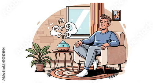 A peaceful man unwinds in his comfortable home, experiencing the soothing benefits of an aromatherapy diffuser, promoting relaxation and well-being.