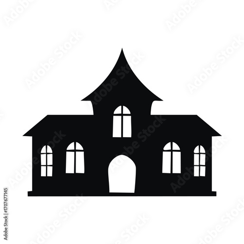 Black silhouette of a haunted house with arched doorway and windows Keywords: haunted house