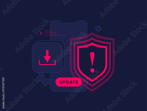 Mobile app security update with warning shield icon and app download button highlighting patch installation to fix vulnerabilities, protect users and block dangerous applications vector illustration