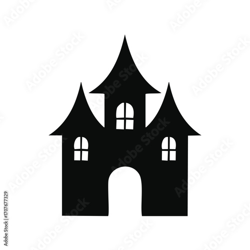 Black silhouette of a haunted house with pointed roofs Keywords: haunted house, silhouette