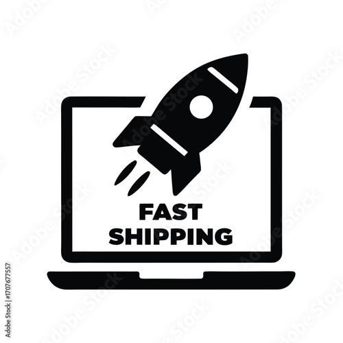 Rocket icon emerging from laptop screen indicates fast shipping services in bold letters here