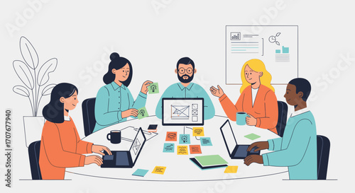 Diverse team of colleagues collaborating around a table, brainstorming ideas with sticky notes and laptops.