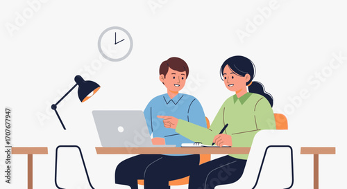 Two colleagues collaborating on a project at a desk, discussing ideas and taking notes.