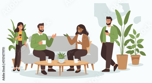 A group of diverse colleagues engaging in conversation and enjoying coffee in a modern office setting.
