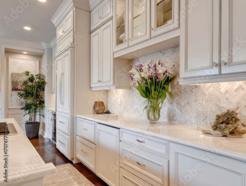 A light beige kitchen with modern cabinetry and herringbone backsplash.