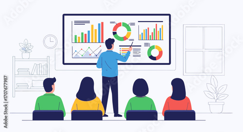 Businessman presenting data charts and graphs to attentive colleagues during a meeting.