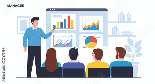 Manager presenting business data charts to a team during a meeting.