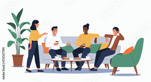 Diverse group enjoys casual coffee break conversation, sharing thoughts and drinks.