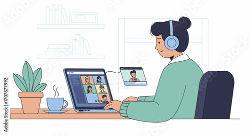 Woman participates in a virtual meeting, using a laptop and headphones from her home office.