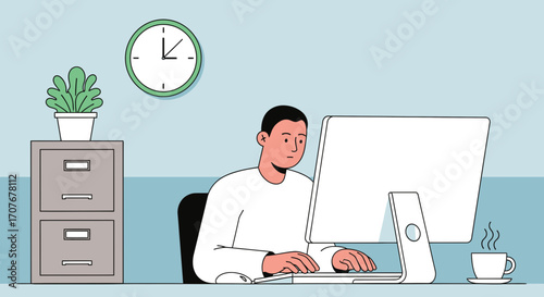 Illustration of a man working at a computer in an office setting with a clock, plant, filing cabinet, and coffee cup.
