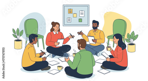 Diverse group of people seated in a circle, engaged in a collaborative discussion, surrounded by papers and documents.