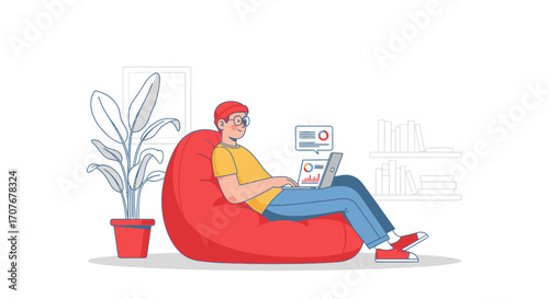 Relaxed Young Man Working on Laptop in Cozy Beanbag Chair Illustration