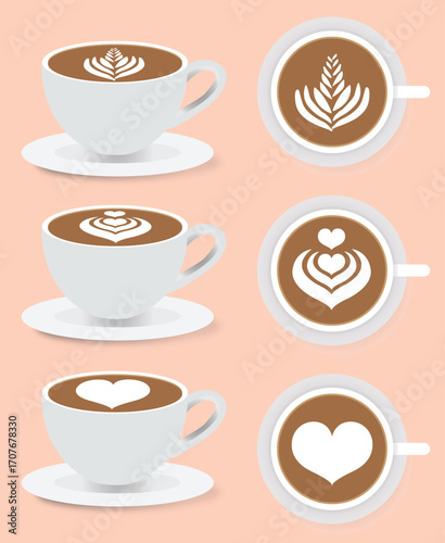 Three pairs of coffee cups with latte art, each pair showing a side and top view, against a light pink background.