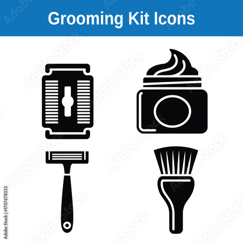 Solid glyph icons representing a men's grooming and shaving kit