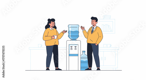 Office colleagues discussing work near a water cooler with bottled water supply