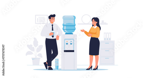 Colleagues interacting at a water cooler, office scene, casual conversation, professional environment