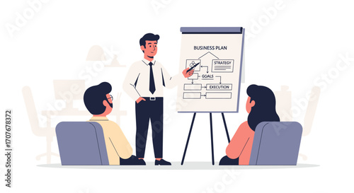 Business presentation with a professional explaining a strategy plan and chart to the team