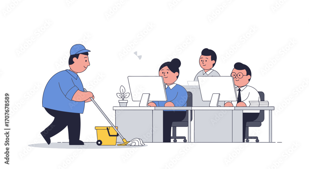 Obraz premium A cleaner mops the floor in a modern office while tired employees work diligently at their desks, illustrating different workplace roles