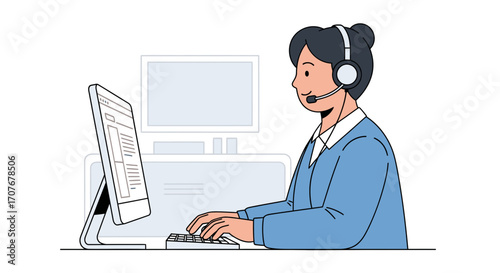 Customer service representative working at a computer with a headset, providing support and assistance