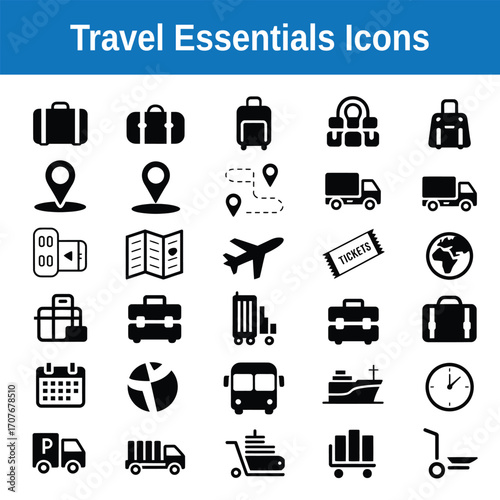 Essential Travel Icons Luggage, Maps, Transportation
