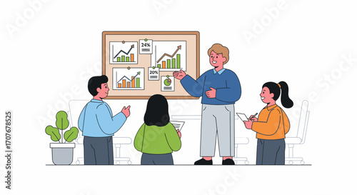 Business professional leading a strategic meeting, presenting successful growth charts and data analysis to a team of attentive colleagues