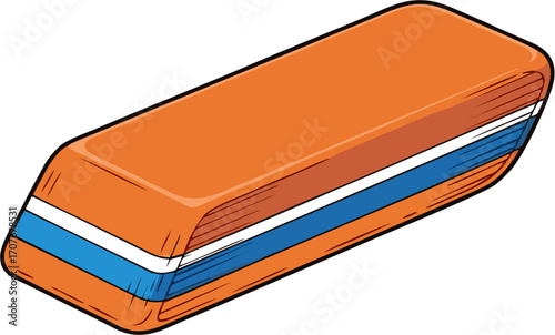 Vivid orange and blue striped eraser graphic, a key stationery item for school, office, and art projects, offering reliable correction for writing and drawing errors