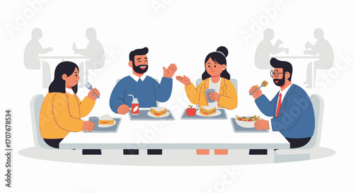 A conceptual illustration of office colleagues socializing during a lunch break, eating together and fostering team communication