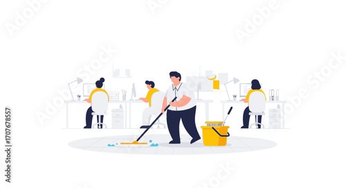 A cleaner with a mop and bucket maintains hygiene in a contemporary open-plan workspace with staff