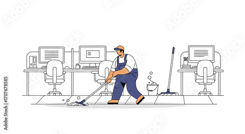 Professional janitor in uniform mopping the floor, providing a commercial cleaning service for a modern office workplace. Concept of hygiene and sanitation